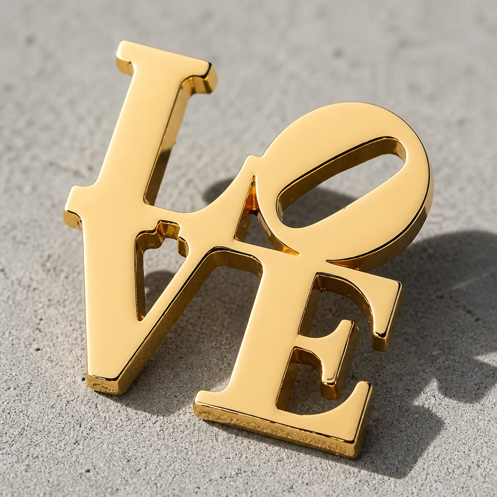 Gold plated LOVE pin inspired by the iconic Robert Indiana artwork featuring the tilted O design on a concrete surface