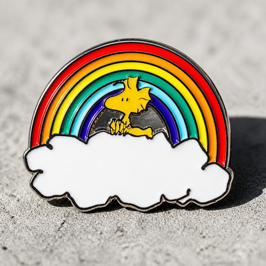 Official Peanuts Woodstock enamel pin featuring Woodstock standing beneath a colorful rainbow resting on white clouds laying on a concrete surface