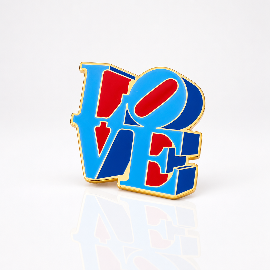 Officially licensed Robert Indiana LOVE enamel pin featuring the iconic red and blue LOVE artwork with polished gold plating.