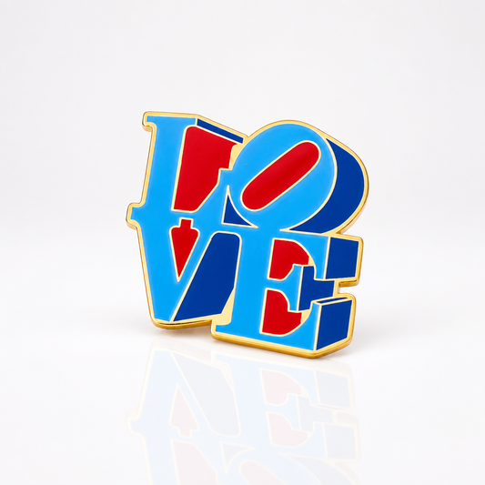 Officially licensed Robert Indiana LOVE enamel pin featuring the iconic red and blue LOVE artwork with polished gold plating.