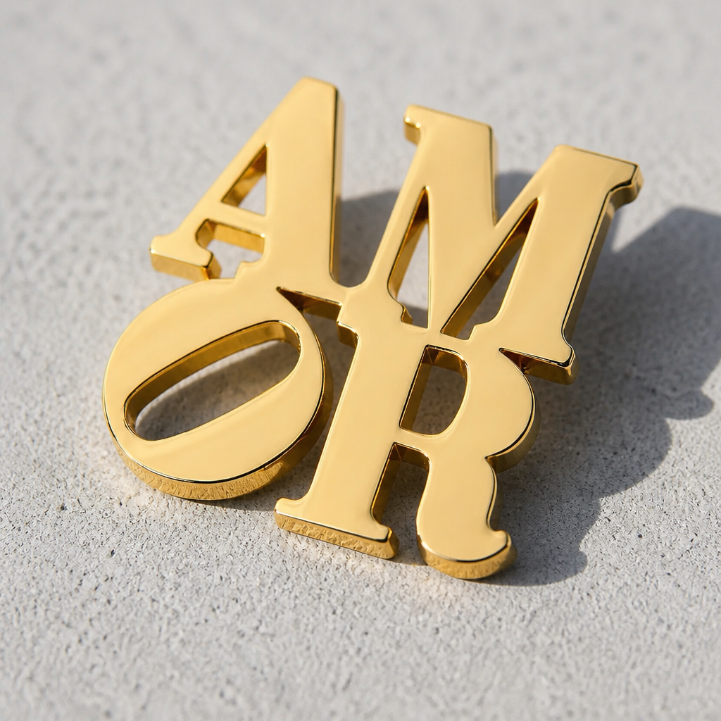 Officially licensed Robert Indiana AMOR enamel pin featuring the iconic stacked lettering in a polished gold finish on a concrete surface