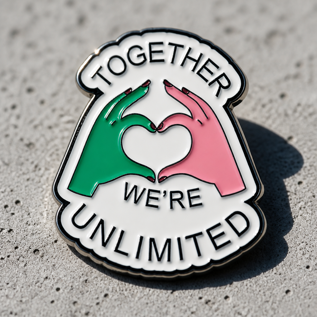 Together We’re Unlimited enamel pin with pink and green hand heart design inspired by musical theater fandom on a concrete surface