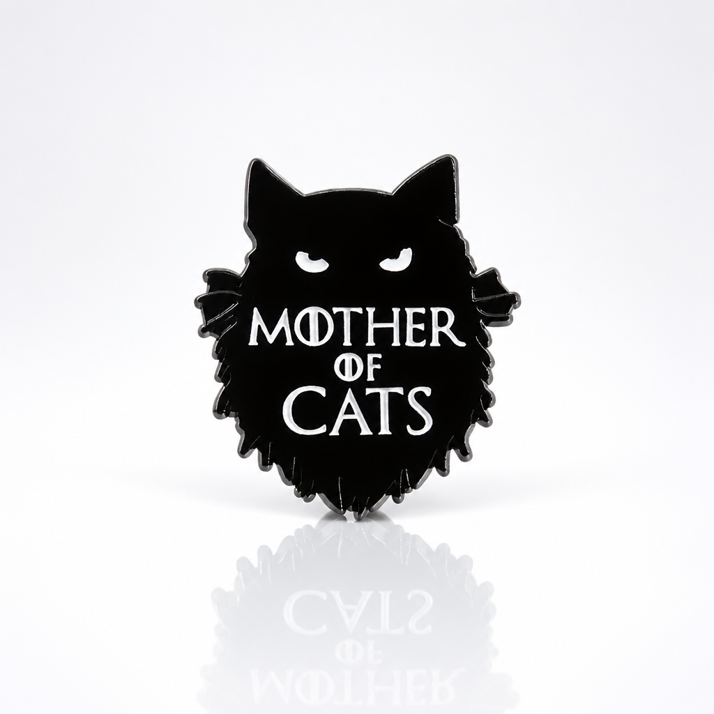 Black gothic enamel pin featuring cat silhouette and the phrase “Mother of Cats”
