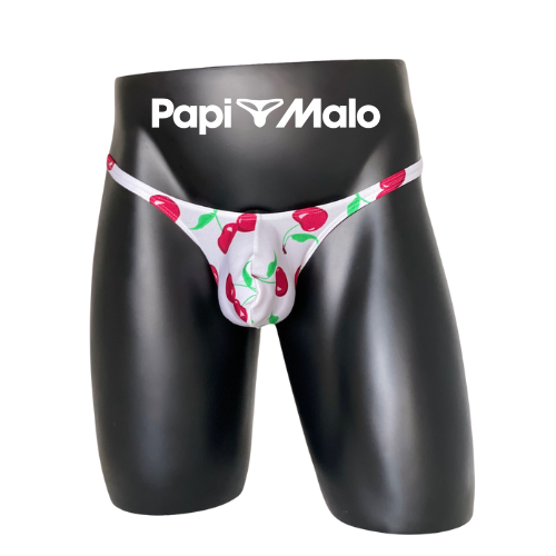 Front view of retro cherry print men’s classic thong by PapiMalo Gear