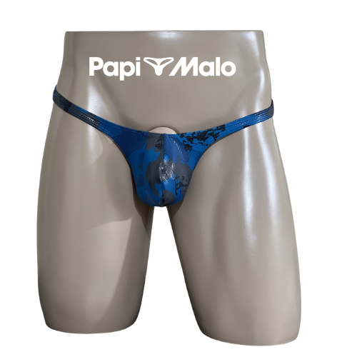 Front view of cobalt blue camouflage men’s classic thong by PapiMalo Gear