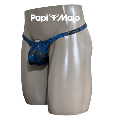 Side view of cobalt blue camouflage men’s classic thong by PapiMalo Gear