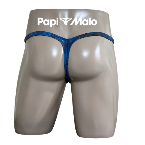 Back view of cobalt blue camouflage men’s classic thong by PapiMalo Gear