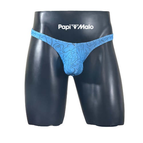 Front view of blue illustrated art-print men’s classic thong by PapiMalo Gear