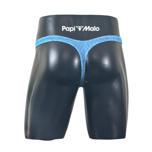 Back view of blue illustrated art-print men’s classic thong by PapiMalo Gear