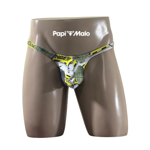 Front view of caution-tape graphic men’s classic thong by PapiMalo Gear