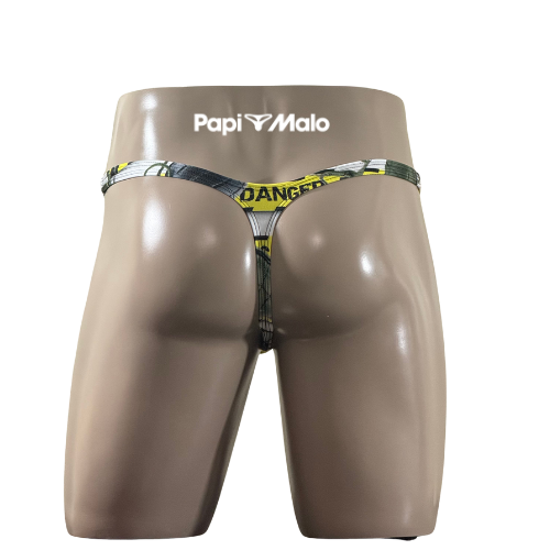 Back view of caution-tape graphic men’s classic thong by PapiMalo Gear