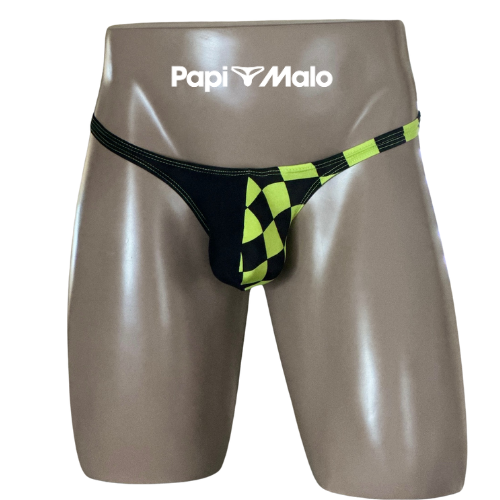 Front view of black and neon checker men’s classic thong by PapiMalo Gear
