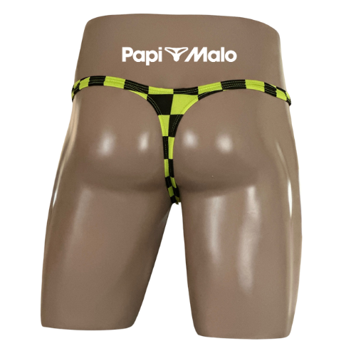 Back view of black and neon checker men’s classic thong by PapiMalo Gear
