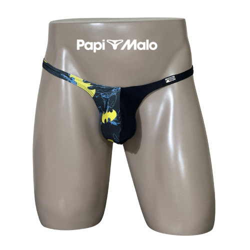 Front view of black comic-inspired men’s classic thong by PapiMalo Gear
