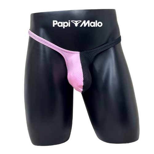 Front view of black and pink pinstripe men’s classic thong by PapiMalo Gear