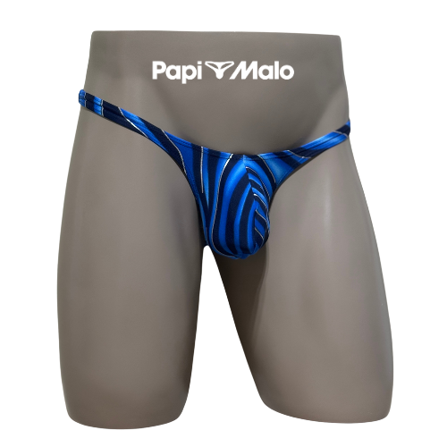 Front view of blue wave print men’s classic thong by PapiMalo Gear
