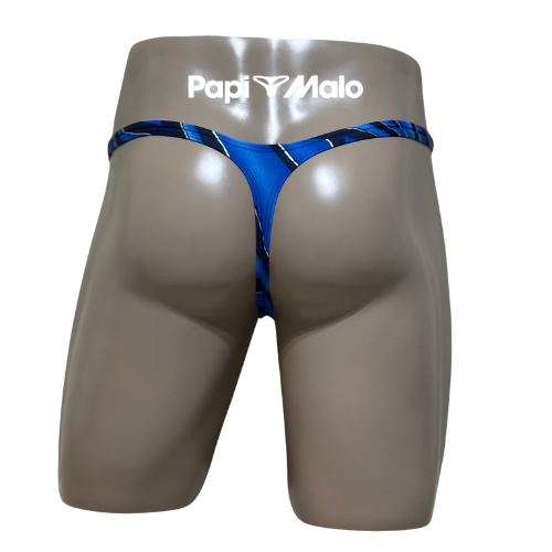 Back view of blue wave print men’s classic thong by PapiMalo Gear