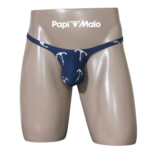 Front view of navy nautical print men’s classic thong by PapiMalo Gear