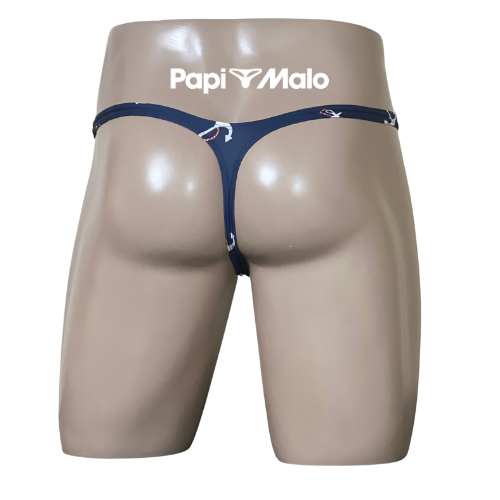 Back view of navy nautical print men’s classic thong by PapiMalo Gear