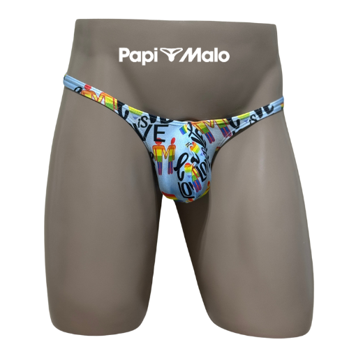 Front view of rainbow Pride print men’s classic thong by PapiMalo Gear