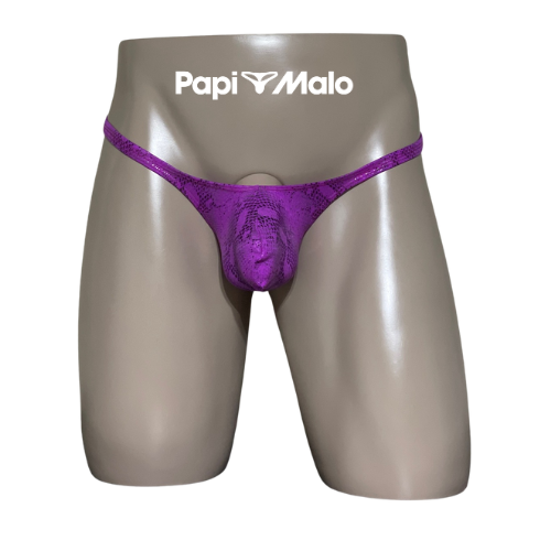 Front view of purple snakeskin-inspired men’s classic thong by PapiMalo Gear