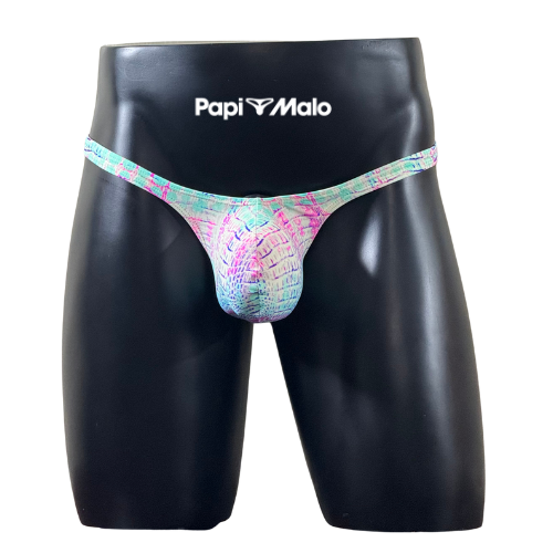 Front view of pastel tropical print men’s classic thong by PapiMalo Gear