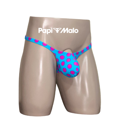 Front view of turquoise and pink polka dot men’s classic thong by PapiMalo Gear