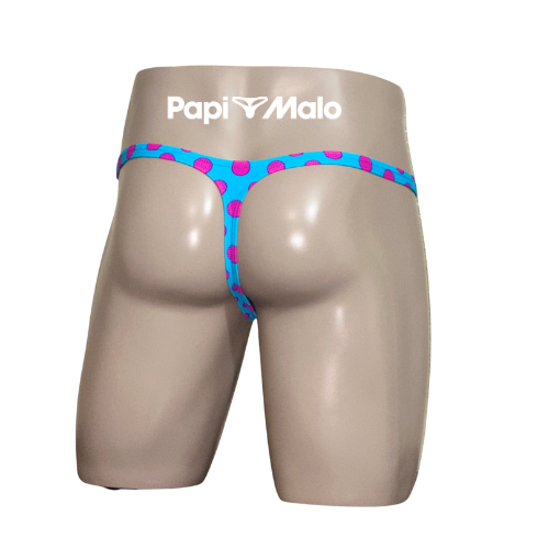 Back view of turquoise and pink polka dot men’s classic thong by PapiMalo Gear