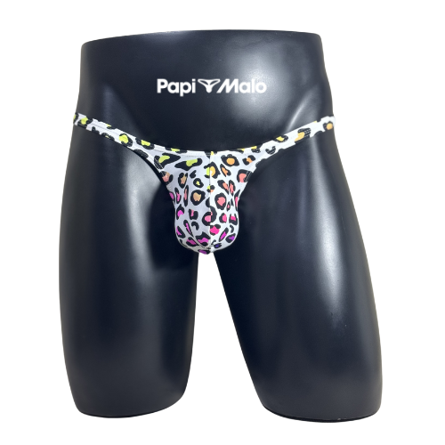Front view of white rainbow leopard print men’s classic thong by PapiMalo Gear