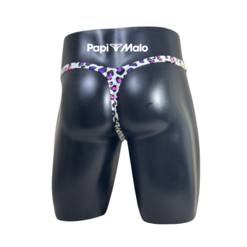 Back view of white rainbow leopard print men’s classic thong by PapiMalo Gear