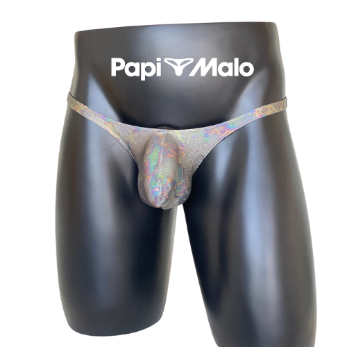 Front view of holographic snake-inspired men’s classic thong by PapiMalo Gear