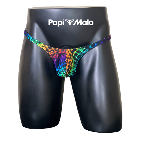Front view of rainbow abstract print men’s classic thong by PapiMalo Gear
