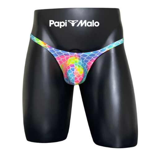 Front view of rainbow scale-inspired men’s classic thong by PapiMalo Gear