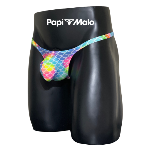 Side view of rainbow scale-inspired men’s classic thong by PapiMalo Gear