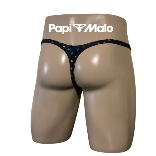 Back view of rainbow star print men’s classic thong on black foil fabric by PapiMalo Gear