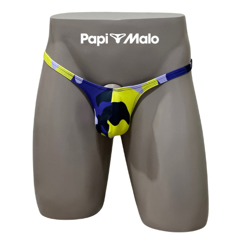 Front view of neon camouflage men’s classic thong by PapiMalo Gear