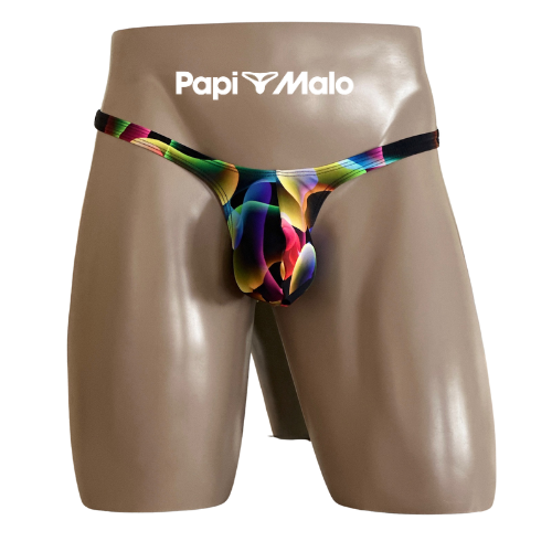 Front view of neon abstract print men’s classic thong by PapiMalo Gear