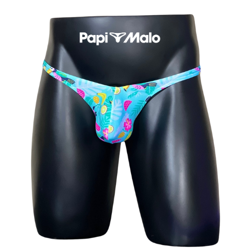 Front view of tropical aqua print men’s classic thong by PapiMalo Gear