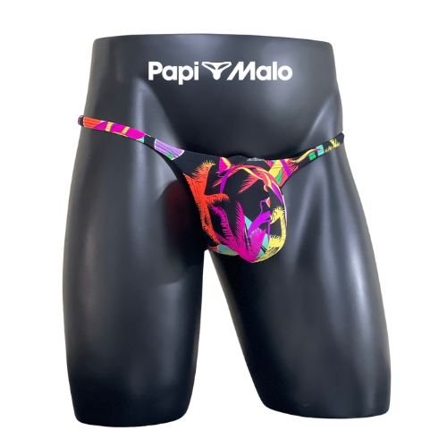 Front view of neon tropical print men’s classic thong by PapiMalo Gear