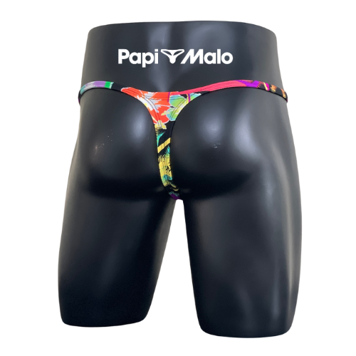 Back view of neon tropical print men’s classic thong by PapiMalo Gear