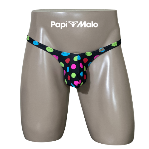 Front view of multicolor polka dot men’s classic thong by PapiMalo Gear