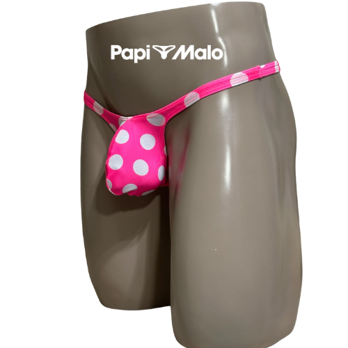 Side view of hot pink polka dot men’s classic thong by PapiMalo Gear