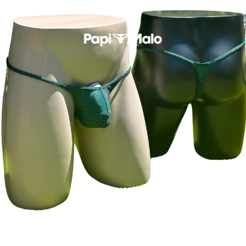 Front and back view of emerald honeycomb men’s locker room thong by PapiMalo Gear