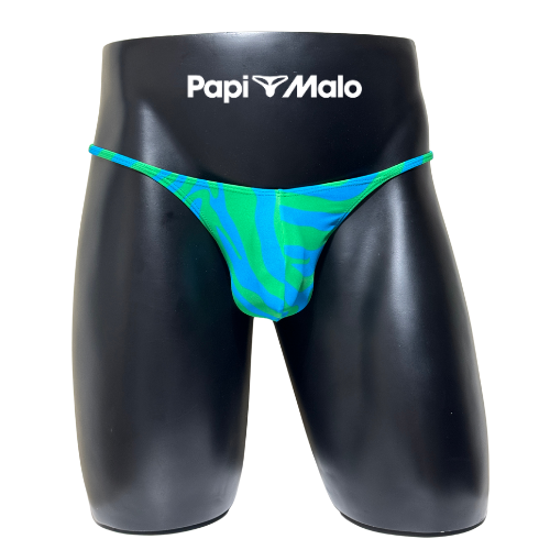 Front view of blue and green wave print men’s locker room thong by PapiMalo Gear