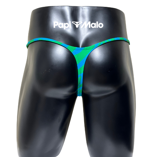 Back view of blue and green wave print men’s locker room thong by PapiMalo Gear