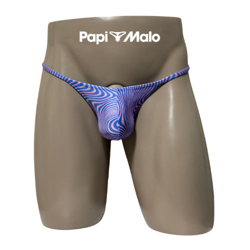 Front view of blue and pink psychedelic wave men’s locker room thong by PapiMalo Gear
