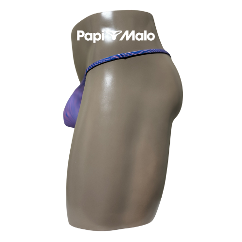 Side view of blue and pink psychedelic wave men’s locker room thong by PapiMalo Gear