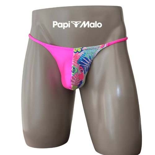 Front view of tropical print and hot pink men’s locker room thong by PapiMalo Gear