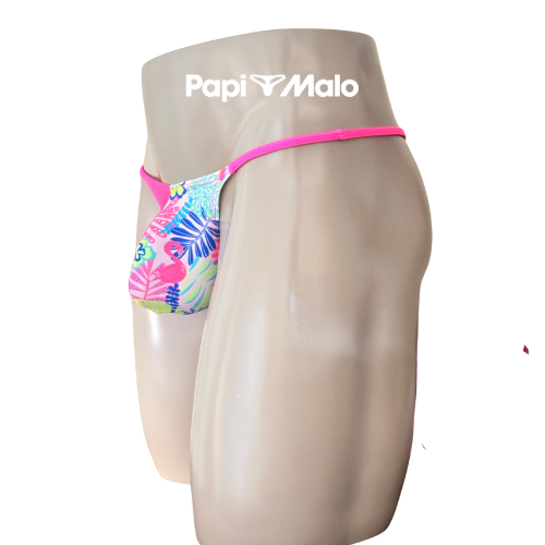 Side view of tropical print and hot pink men’s locker room thong by PapiMalo Gear