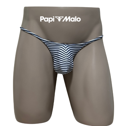 Front view of navy pinstripe men’s locker room thong by PapiMalo Gear